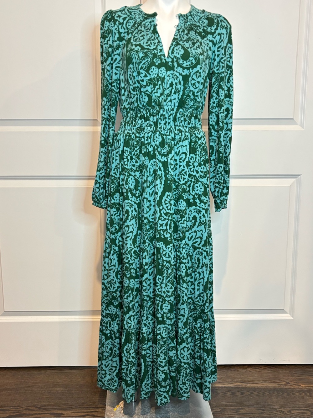 Boden Green Blue Paisley Floral Long Sleeve Smocked Tiered Midi Dress 8R